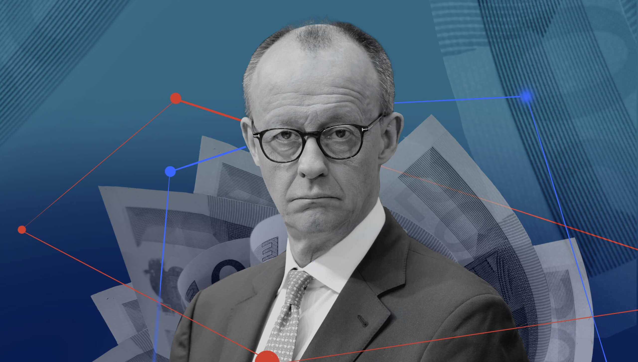 Porträt von Friedrich Merz mit Geldscheinen und Netzwerkverbindungen im Hintergrund