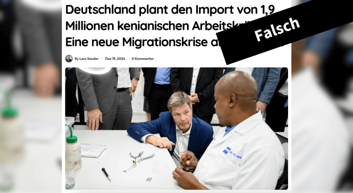 Collage zeigt den Fake-Artikel mit der Überschrift: Deutschland plant den Import von 1,9 Millionen Arbeitskräften