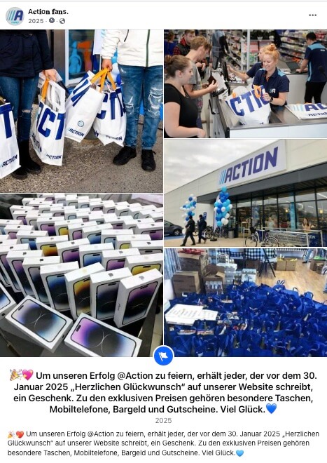 Anders als es den Anschein erweckt, steht dieser Facebook-Beitrag nicht mit dem Discounter Action in Verbindung (Quelle: Facebook; Screenshot: CORRECTIV.Faktencheck)