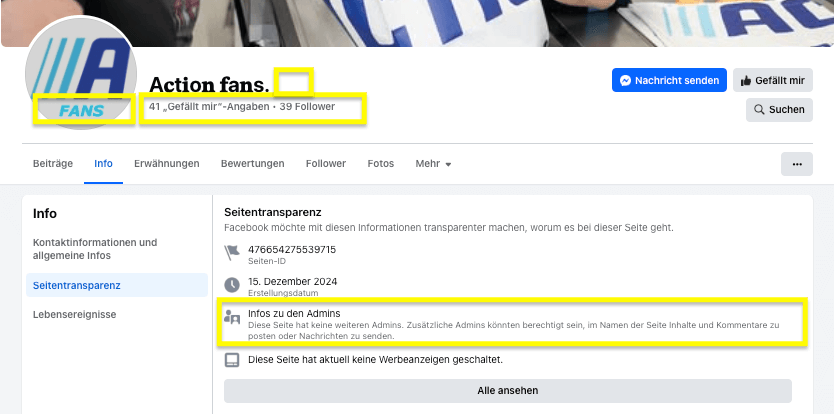 Der fehlende blaue Haken neben dem Namen der Facebook-Seite, die geringe Zahl an „Gefällt mir“-Angaben sowie das fehlende Impressum zeigen, dass die Seite eine Fälschung ist (Quelle: Facebook; Screenshot und Markierungen: CORRECTIV.Faktencheck)