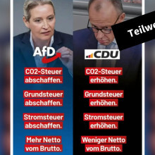 Fotos von Alice Weidel von der AfD und Friedrich Merz von der CDU und je vier Behauptungen über die Parteiziele zur Bundestagswahl 2025