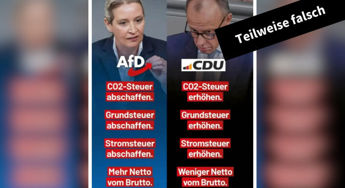 Fotos von Alice Weidel von der AfD und Friedrich Merz von der CDU und je vier Behauptungen über die Parteiziele zur Bundestagswahl 2025