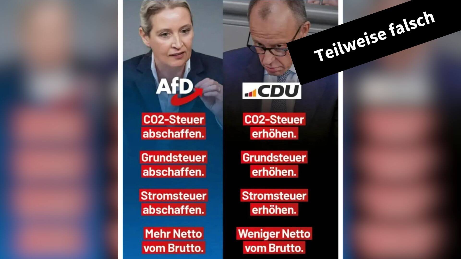 Fotos von Alice Weidel von der AfD und Friedrich Merz von der CDU und je vier Behauptungen über die Parteiziele zur Bundestagswahl 2025