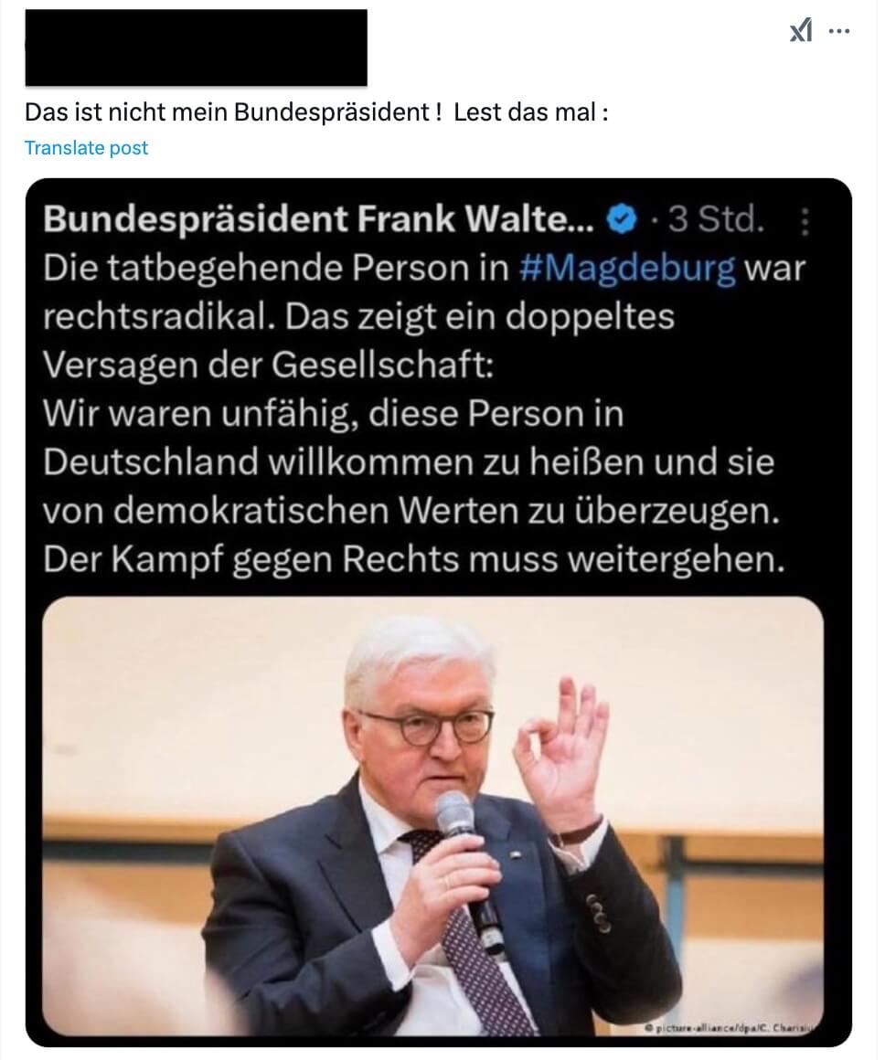 Dieser Beitrag stammt nicht von Bundespräsident Frank-Walter Steinmeier, sondern von einem Satire-Profil (Quelle: X; Screenshot und Schwärzung: CORRECTIV.Faktencheck)