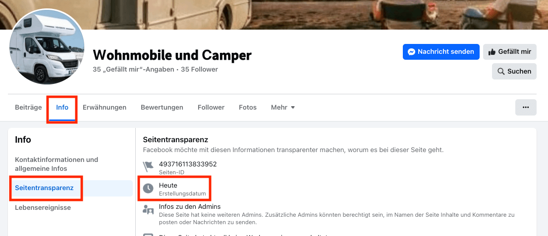 Über die Optionen „Info“ und „Seitentransparenz“ lassen sich schnell Informationen finden, die die Facebook-Seite und das Gewinnspiel als unseriös entlarven