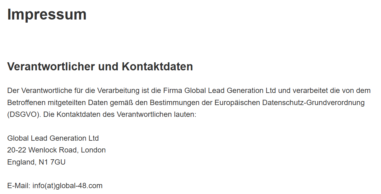 Wer über das Fake-Gewinnspiel auf der Webseite landet, wird aufgefordert, seine persönlichen Daten einzugeben. Laut Impressum landen diese bei einer Firma namens Global Lead Generation Ltd.