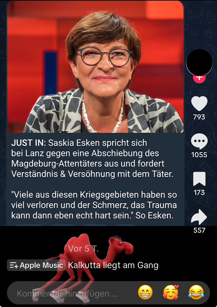 Auf Tiktok und weiteren Sozialen Netzwerken kursiert nach dem Anschlag auf den Weihnachtsmarkt in Magdeburg ein erfundenes Zitat, das Saskia Esken in den Mund gelegt wird (Quelle: Tiktok; Screenshot und Schwärzung: CORRECTIV.Faktencheck)