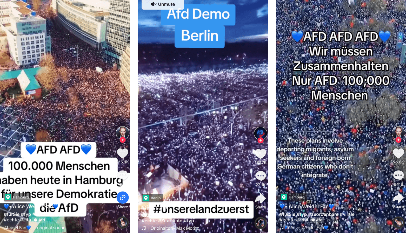 Diese viralen Videos zeigen Demonstrationen gegen Rechts und nicht AfD-Unterstützende (Quelle: Tiktok; Screenshots und Collage: CORRECTIV.Faktencheck)