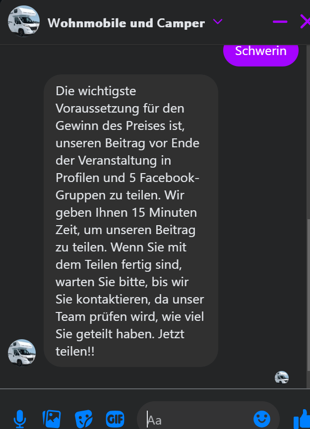 Diese Direktnachricht erhalten Nutzerinnen und Nutzer, wenn sie den Beitrag mit dem betrügerischen Gewinnspiel kommentieren