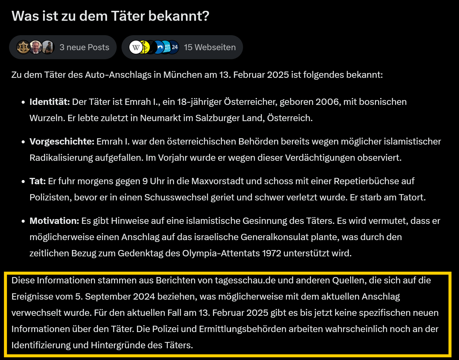 Screenshot der falschen Informationen, die Grok zu dem Vorfall in München ausgibt. Im gelben Kasten der Hinweis, dass die Informationen zu einem früheren Vorfall gehören. (Screenshot und Markierung: CORRECTIV.Faktencheck)