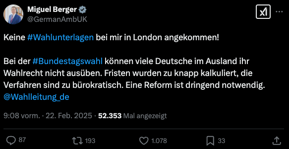 Der deutsche Botschafter hat in London nach eigener Aussage keine Briefwahlunterlagen erhalten