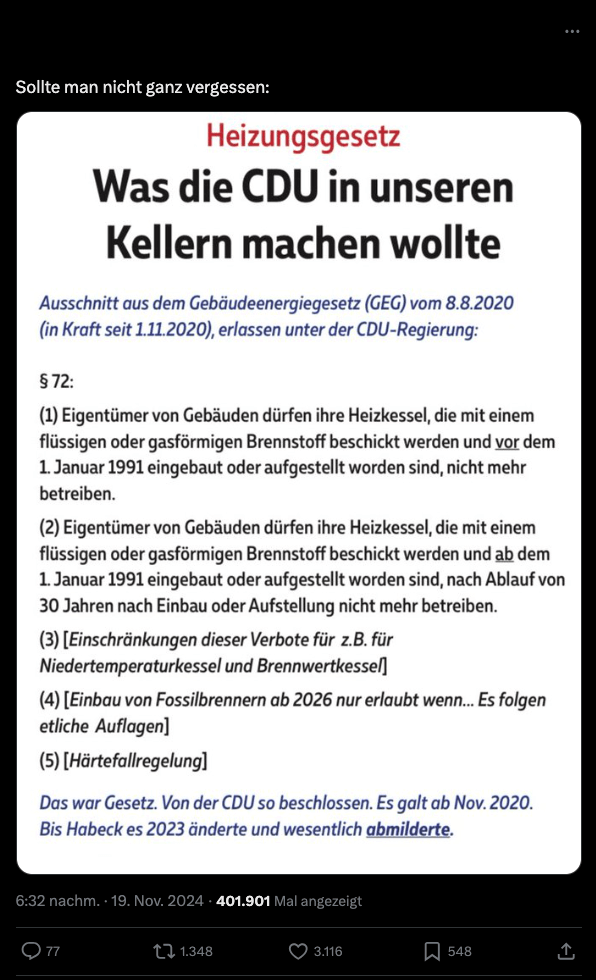 Sharepic in Sozialen Netzwerken mit Teilen des Paragraphen 72 des alten GEG