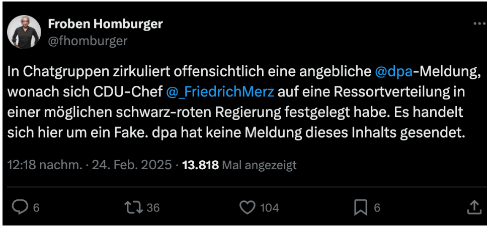 Froben Homburger, Nachrichtenchef bei der DPA, wies die Berichte über die DPA-Meldung als falsch zurück (Quelle: X; Screenshot: CORRECTIV.Faktencheck)