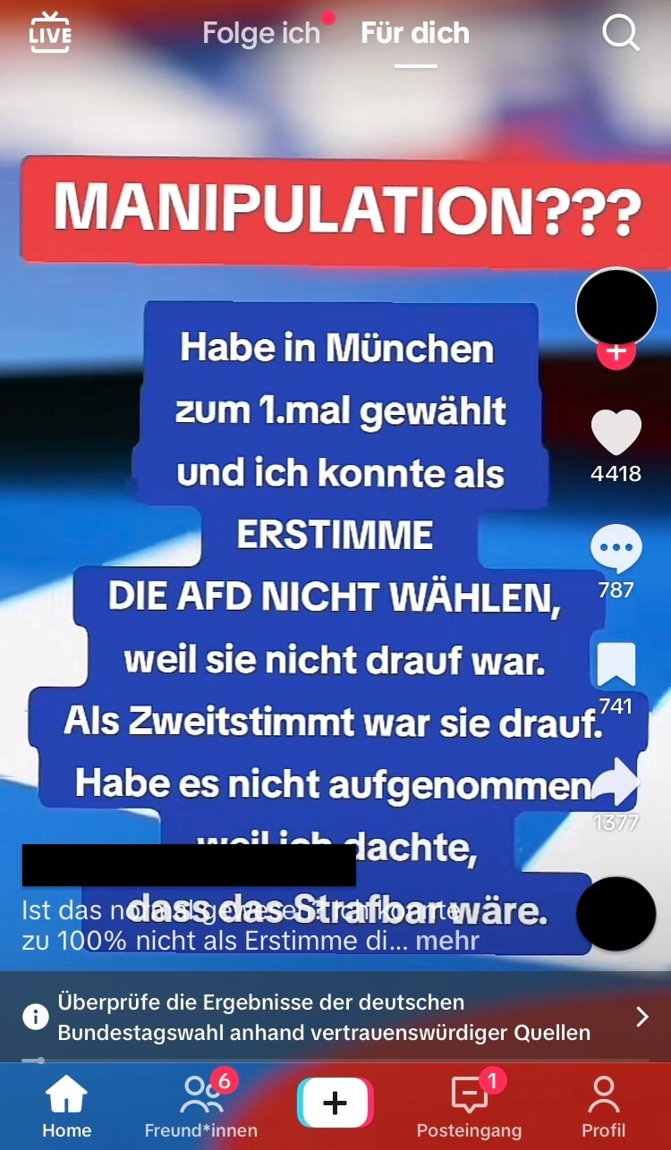 Laut dem Erstverbreiter der Behauptung, ereignete sich der Vorfall im Wahlkreis München-West/Mitte, doch dort ist kein AfD-Wahlkreisbewerber angetreten. Deswegen konnte die Partei dort keine Erststimmen sammeln. (Quelle: Tiktok; Screenshot und Schwärzung: CORRECTIV.Faktencheck)