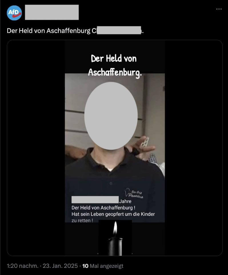 Screenshot von einem Beitrag auf X mit dem Schriftzug „der Held von Aschaffenburg“