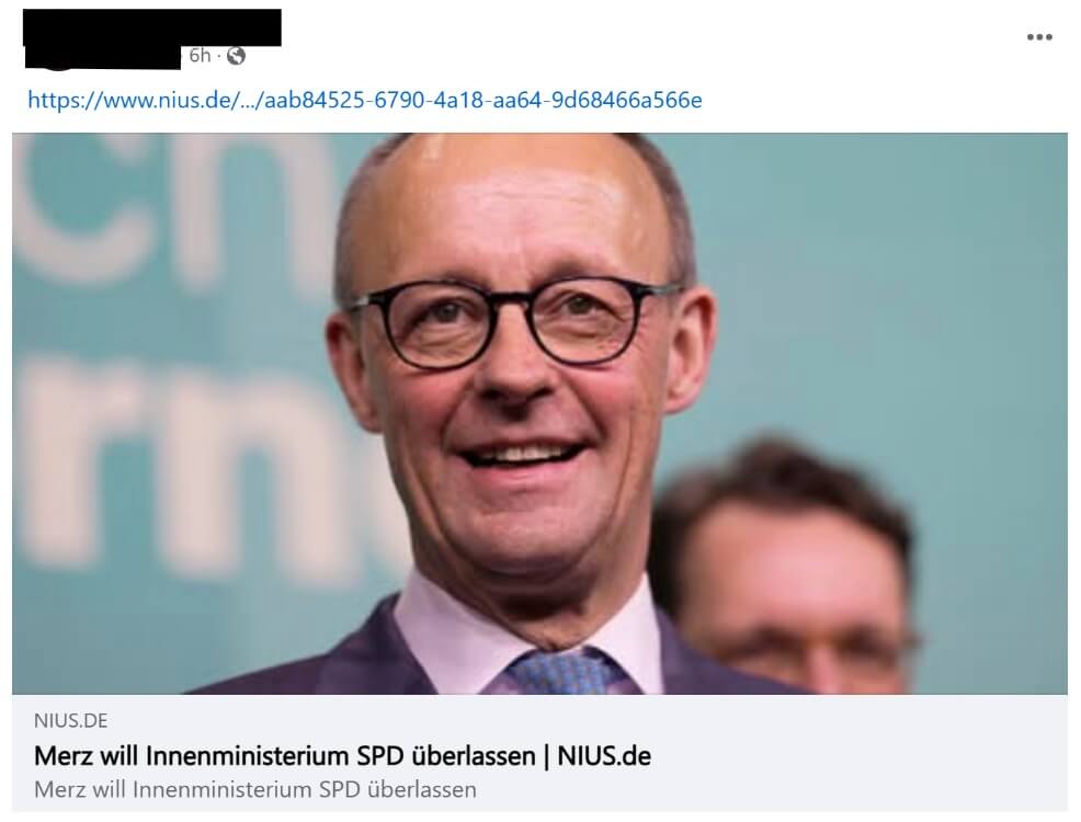 Einer der Facebook-Beiträge, die zu der erfundenen Nachricht auf der Nius-Webseite verlinken (Quelle: Facebook; Screenshot und Schwärzung: CORRECTIV.Faktencheck)