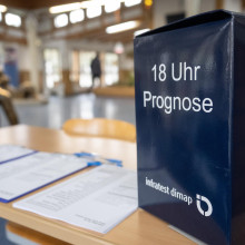 Eine Box für die Nachwahlbefragung für die 18-Uhr-Prognose der ARD steht in einem Wahllokal