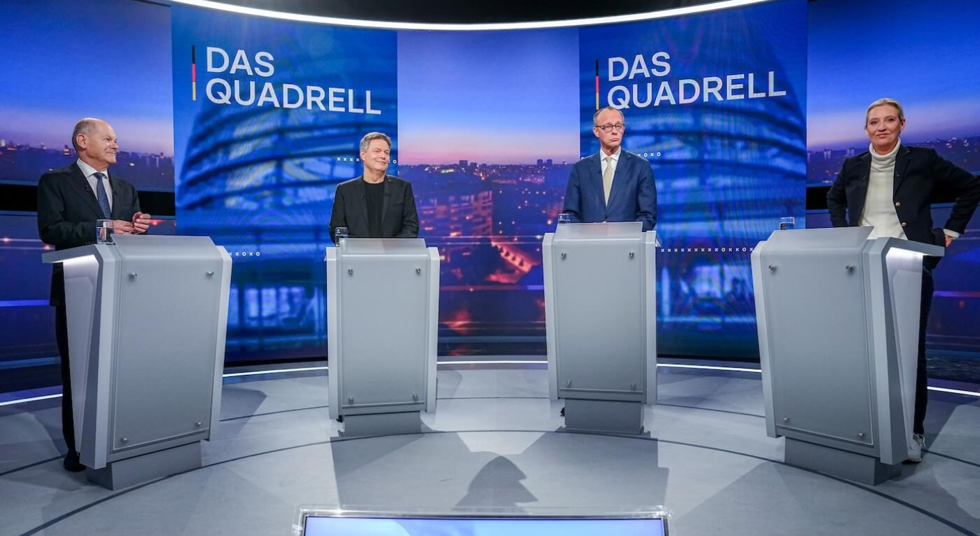 Am 16. Februar nahmen Olaf Scholz, Robert Habeck, Friedrich Merz und Alice Weidel am Live-Quadrell von RTL teil (Foto: Kay Nietfeld, DPA-Pool / Picture Alliance)