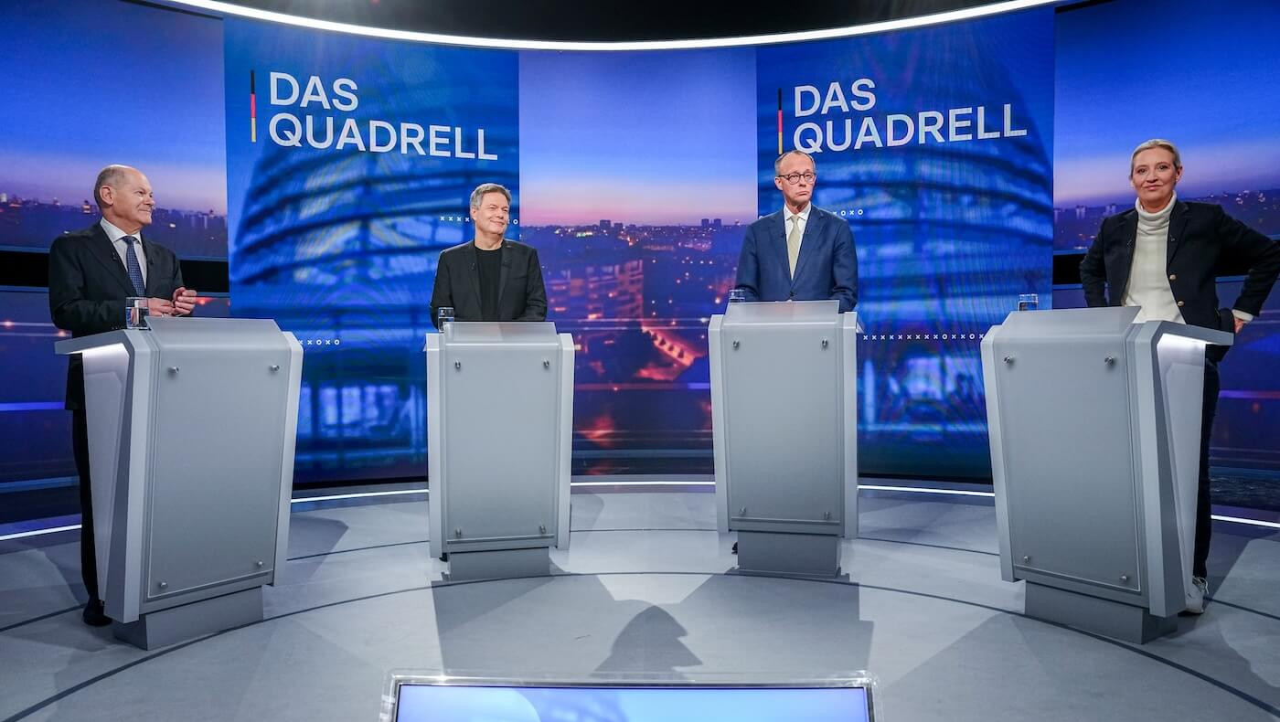 Am 16. Februar nahmen Olaf Scholz, Robert Habeck, Friedrich Merz und Alice Weidel am Live-Quadrell von RTL teil (Foto: Kay Nietfeld, DPA-Pool / Picture Alliance)