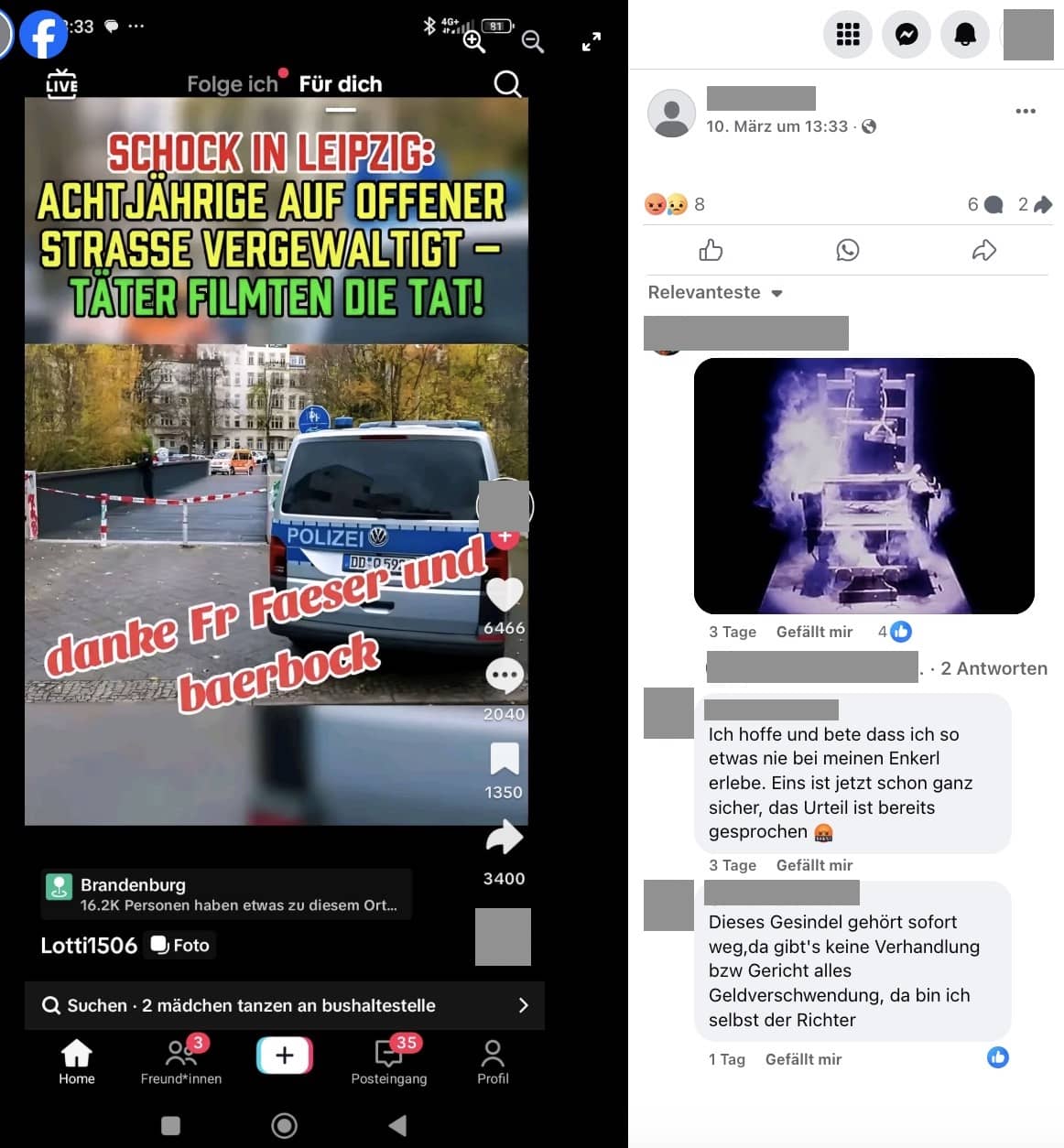 Facebook-Beitrag über den Leipzig-Fake auf Tiktok, darunter Hass und Hetze