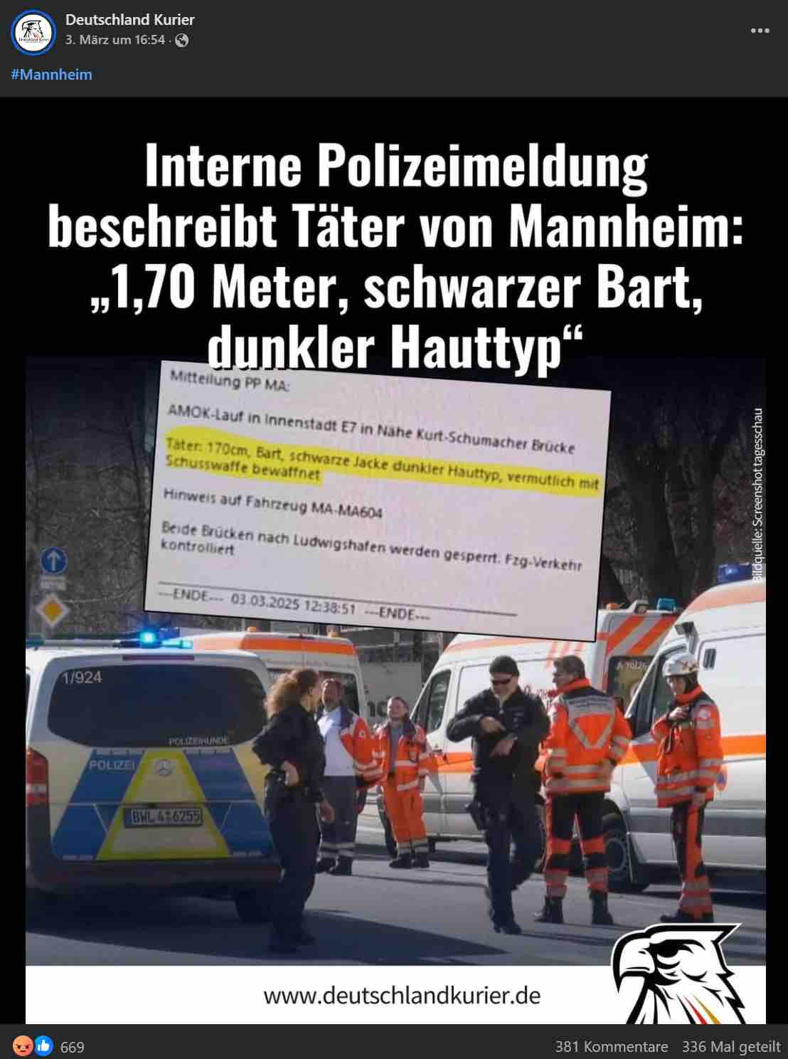 Dieser Screenshot einer angeblichen internen Polizeimeldung kursiert in Sozialen Netzwerken, ist jedoch laut Polizei eine Fälschung (Quelle: Facebook; Screenshot: CORRECTIV.Faktencheck)