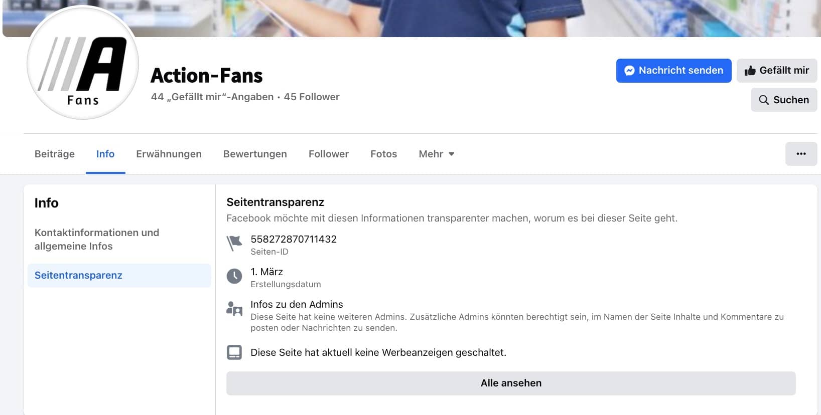 Der Abschnitt Seitentransparenz bei dem Action-Profil auf Facebook 