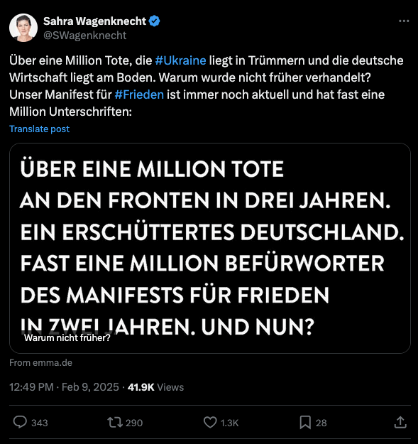 Screenshot von einem Beitrag auf X von Sahra Wagenknecht.