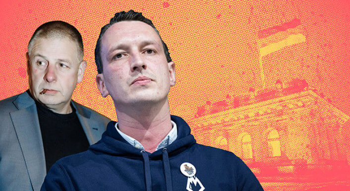 Die Collage zeigt Neue-Rechte-Vordenker Götz Kubitschek, AfD-Politiker Matthias Helferich und den Bundestag mit einer Deutschlandflagge. Collage: Ivo Mayr/CORRECTIV (Vorlage:picture alliance)