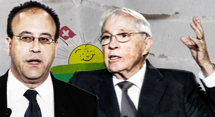 SVP-Altbundesrat Christoph Blocher und SVP-Generalsekretär Henrique Schneider vor dem Sünneli als Parteilogo.