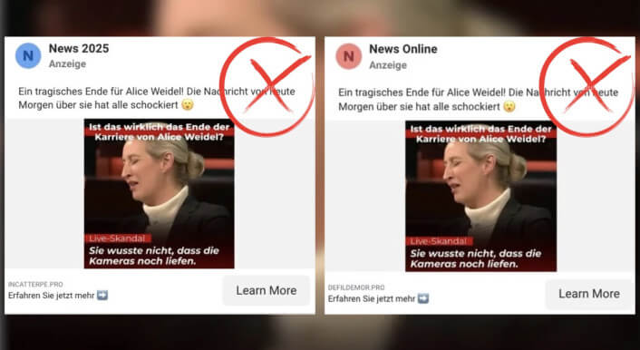 Zwei Beispiele für Werbeanzeigen auf Instagram, die behaupten, es gebe einen Skandal um Alice Weidel und ihre Karriere sei gefährdet