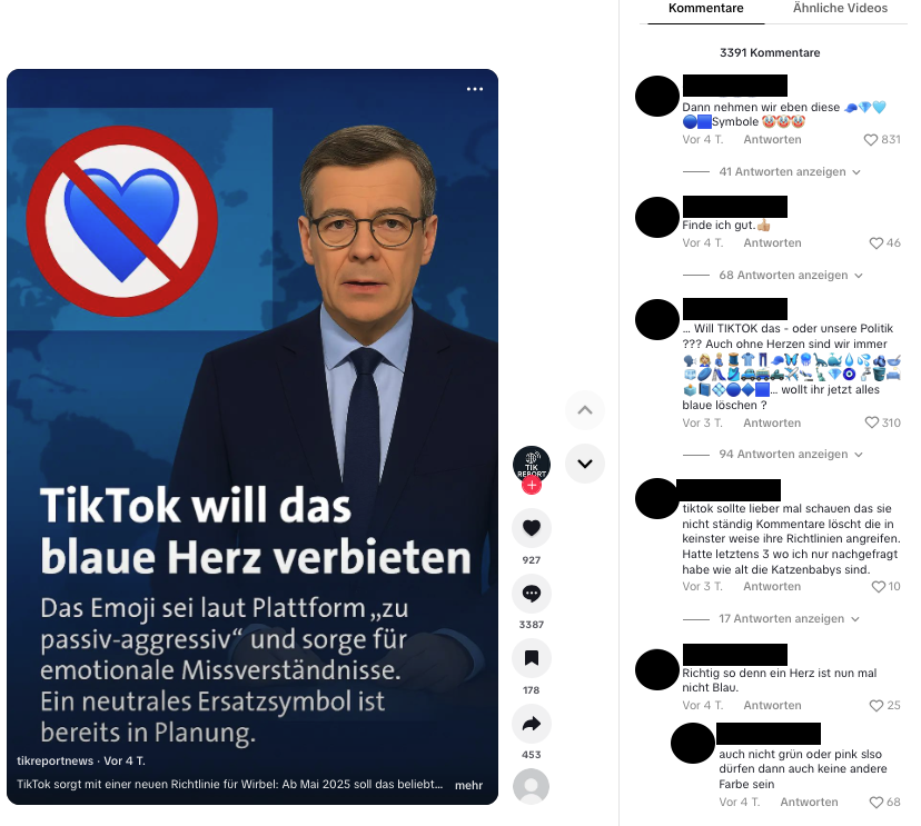 Tiktok-Beitrag mit angeblicher Meldung zu Verbot des blauen Herz-Emoji