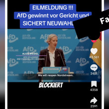 Anders als behauptet, gibt es diese Eilmeldung nicht. Ende April 2025 hat das Bundesverfassungsgericht keiner Wahlprüfungsbeschwerde der AfD stattgegeben. (Quelle: Tiktok; Screenshot, Collage und Schwärzung: CORRECTIV.Faktencheck)