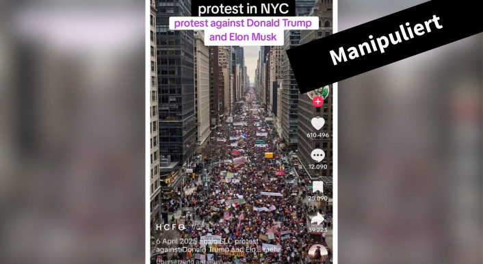 Dieses Video ist mit Künstlicher Intelligenz erstellt. Die „Hands off“-Proteste gegen die Regierung von US-Präsident Donald Trump fanden am 5. April 2025 in den USA statt. (Quelle: Tiktok; Screenshot und Collage: CORRECTIV.Faktencheck)