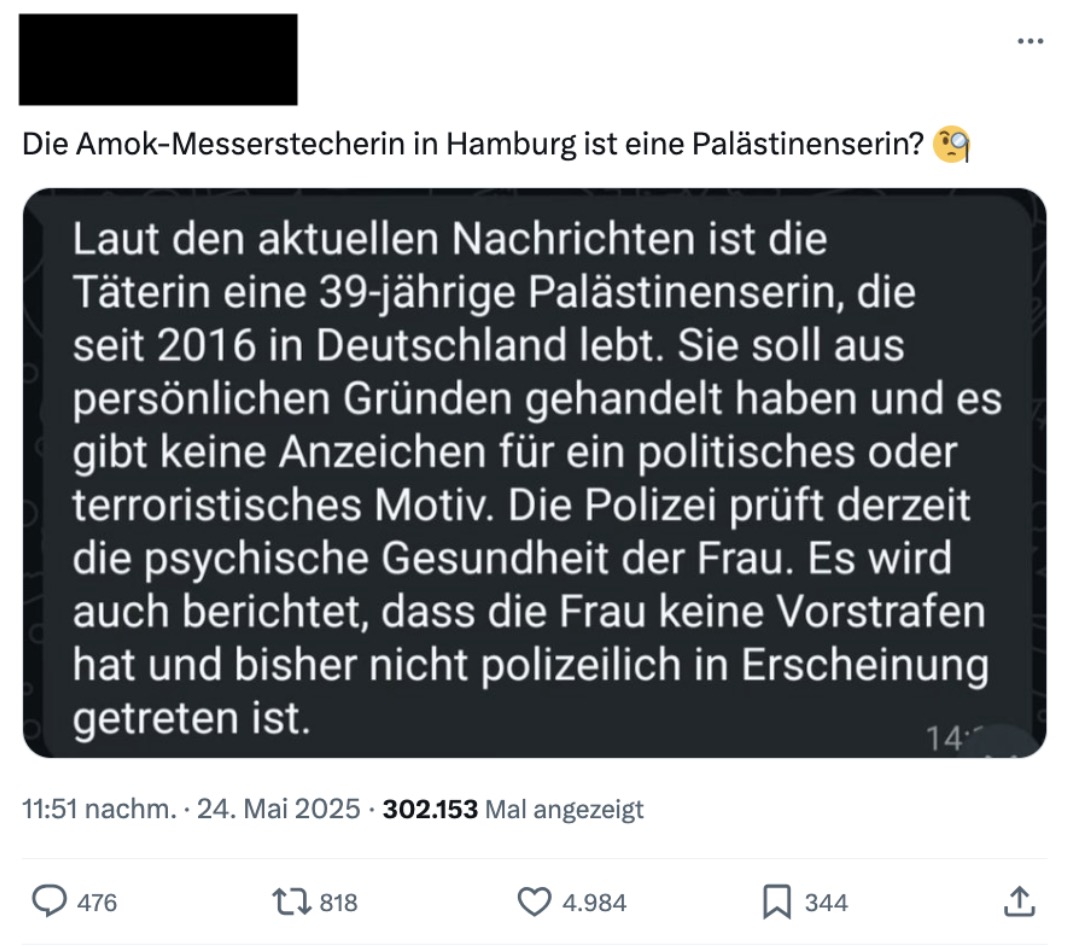 X-Beitrag mit der Falschbehauptung, die Frau sei Palästinenserin gewesen.