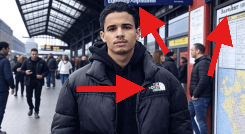 KI-generiertes Bild, das den Syrer in genau derselben Position wie vorm Brandenburger Tor zeigt, aber an einem Gleis. Im Bild sind etliche Artefakte zu erkennen