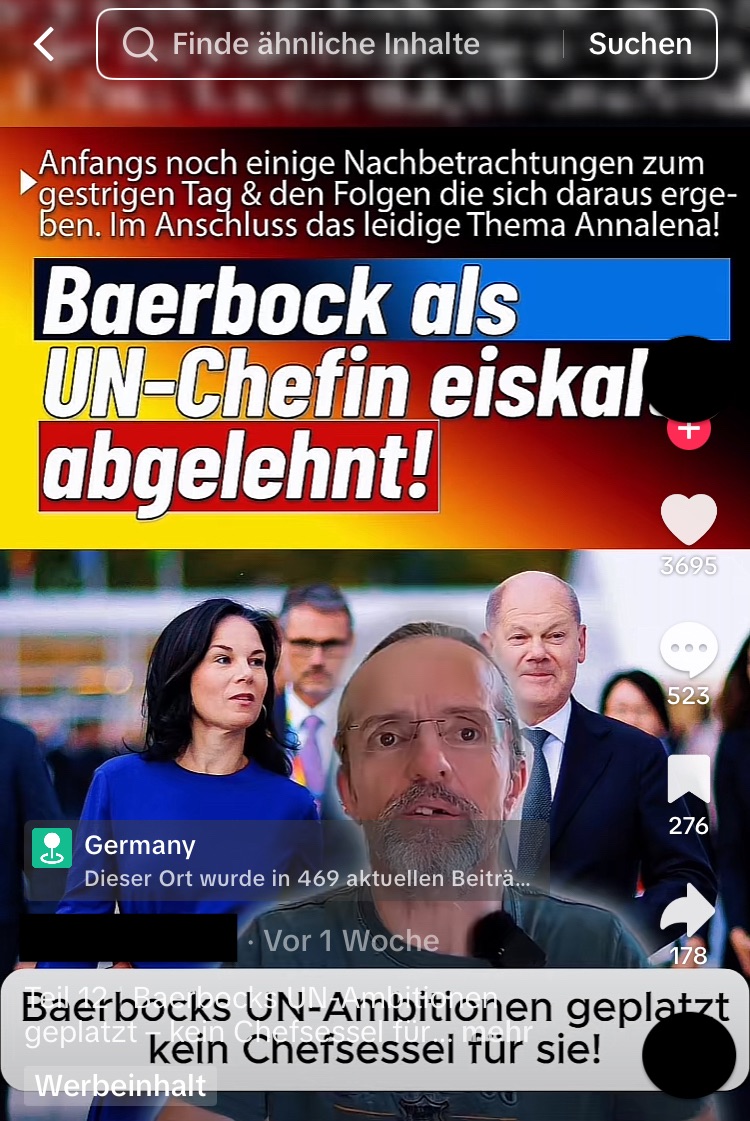 Beiträge wie dieser verbreiten sich im Mai 2025 in Sozialen Netzwerken. Die Wahl der Präsidentin der UN-Generalversammlung fand noch nicht statt, Baerbock kann daher keine offizielle Absage erhalten haben. (Quelle: Tiktok; Screenshot und Schwärzung: CORRECTIV.Faktencheck)
