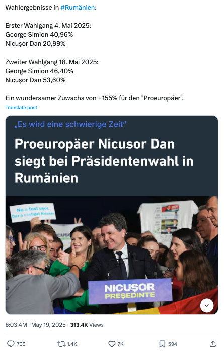 Nutzerinnen und Nutzer Sozialer Netzwerke bezeichnen den Wahlsieg von Nicușor Dan als „wundersam“. Doch der hohe Stimmenzuwachs hängt unter anderem mit der gestiegenen Wahlbeteiligung bei der Stichwahl zusammen. (Quelle: X / Screenshot: CORRECTIV.Faktencheck)