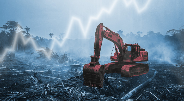 Ein roter Bagger steht auf einem abgeholzten Waldstück. Daneben eine Bilanzkurzve, die steil nach oben geht und im Hintergund intakte Bäume.