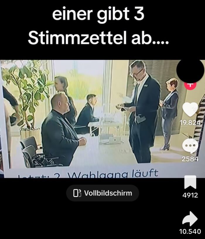 Einige behaupten, das Video beweise Betrug beim zweiten Wahlgang der Kanzlerwahl. Das ist falsch. (Quelle: Tiktok; Screenshot und Schwärzung: CORRECTIV.Faktencheck)