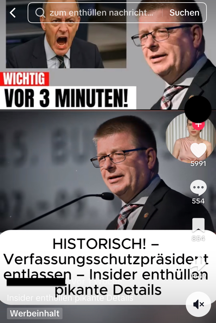 Dieses Tiktok-Video vom 11. Mai 2025 erweckt den Eindruck, als sei der Verfassungsschutzpräsident kürzlich entlassen worden. Doch das stimmt nicht. Ex-Verfassungsschutzchef Thomas Haldenwang ist seit Monaten nicht mehr im Amt. (Quelle: Tiktok; Screenshot und Schwärzung: CORRECTIV.Faktencheck)