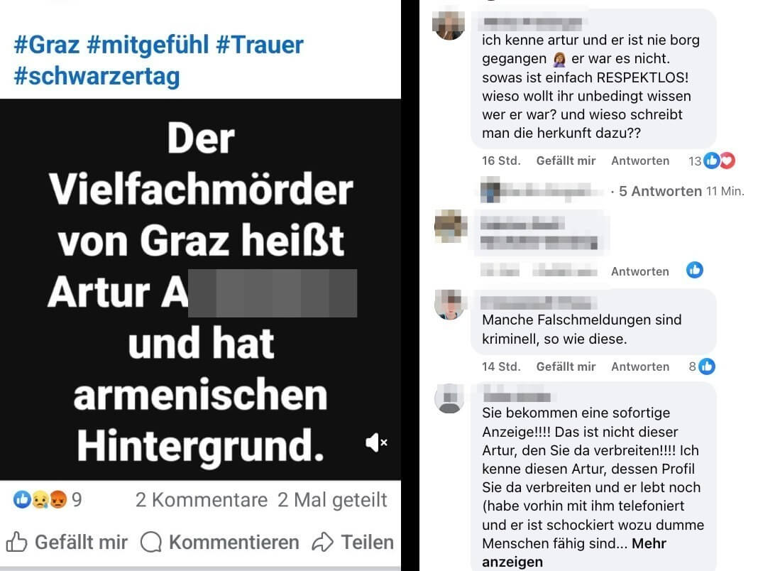 Facebook-Beitrag mit dem falschen Namen des Amokläufers von Graz