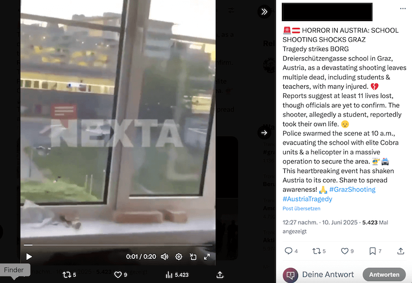 Screenshot eines X-Beitrags, darin wird ein Video geteilt, das jemand aus einem Fenster aufgenommen hat.