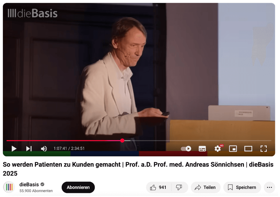 Die Partei Die Basis teilte den Vortrag des Arztes Andreas Sönnichsen. Er stellt darin Falschbehauptungen auf. (Quelle: Youtube / Die Basis; Screenshot: CORRECTIV.Faktencheck)