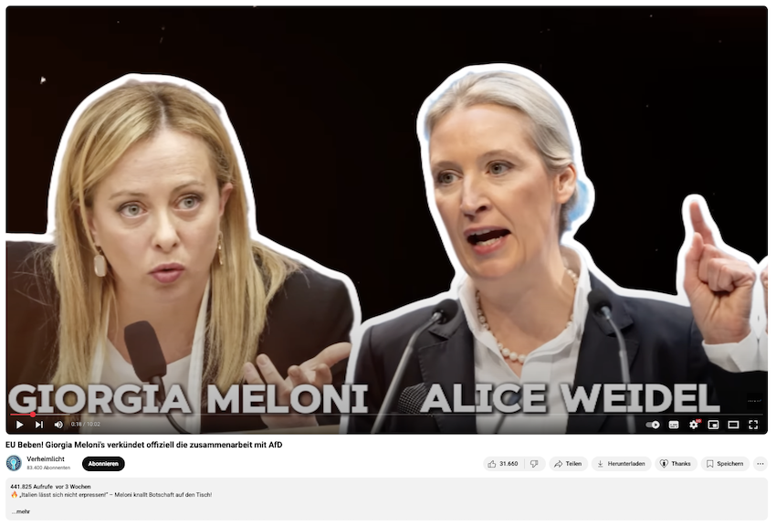Screenshot aus einem der Youtube-Videos, zu sehen ist links Meloni und rechts Weidel
