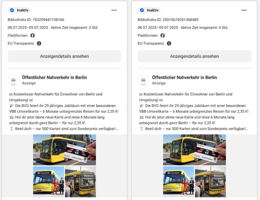 Auszug Meta-Werbebibliothek zur Fake-BVG-Anzeige