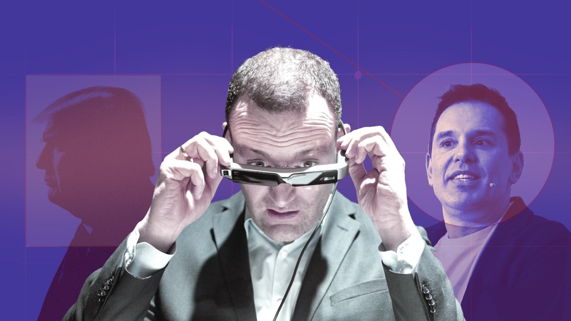 Jens Spahn blickt auf einer Startup-Messe über den Rand einer Augmentet-Reality-Brille. Im Hintergrund rechts sieht man Christian Angermayer, links ist ein Schemen von Donald Trump zu sehen.