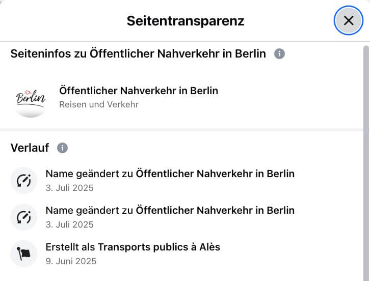 Facebook-Seitentransparenz zur Fake-Seite Öffentlicher Nahverkehr in Berlin