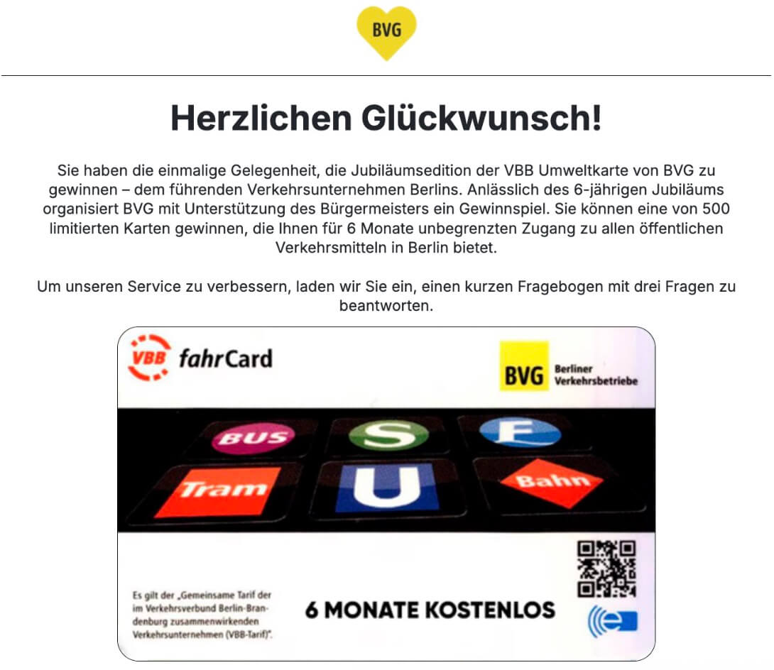 Fake-Webseite mit dem Logo der BVG: „Herzlichen Glückwunsch“