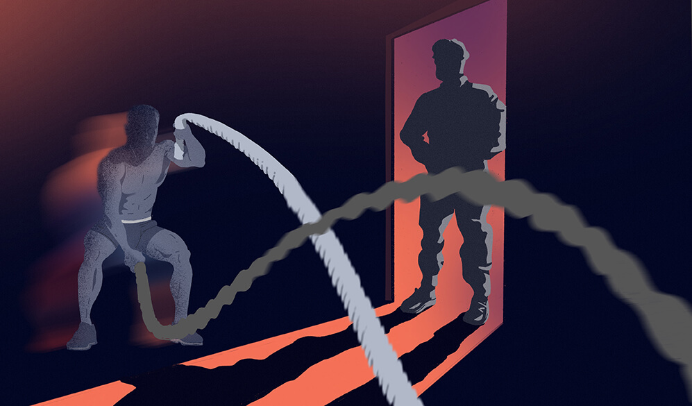 In einer Illustration sind zwei Personen als Silhouette dargestellt. Der eine, der Spielerberater, steht in einer Tür und beobachtet den anderen, der nur in Unterhose mit freiem Oberkörper eine Kraftübung an Seilen durchführt.