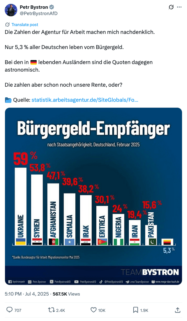 Screenshot eines Tweets von Petr Bystron, der eine Grafik zeigt, die Bürgergeldbeziehende beschreiben soll.